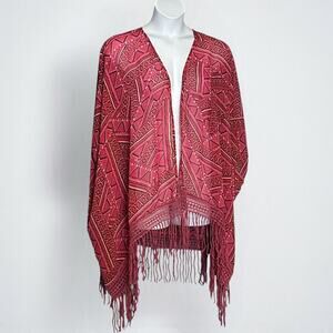 Bit & Bridle Fringe Kimono Cardigan Plus One Size Aztec Fuchsia Burgundy Boho